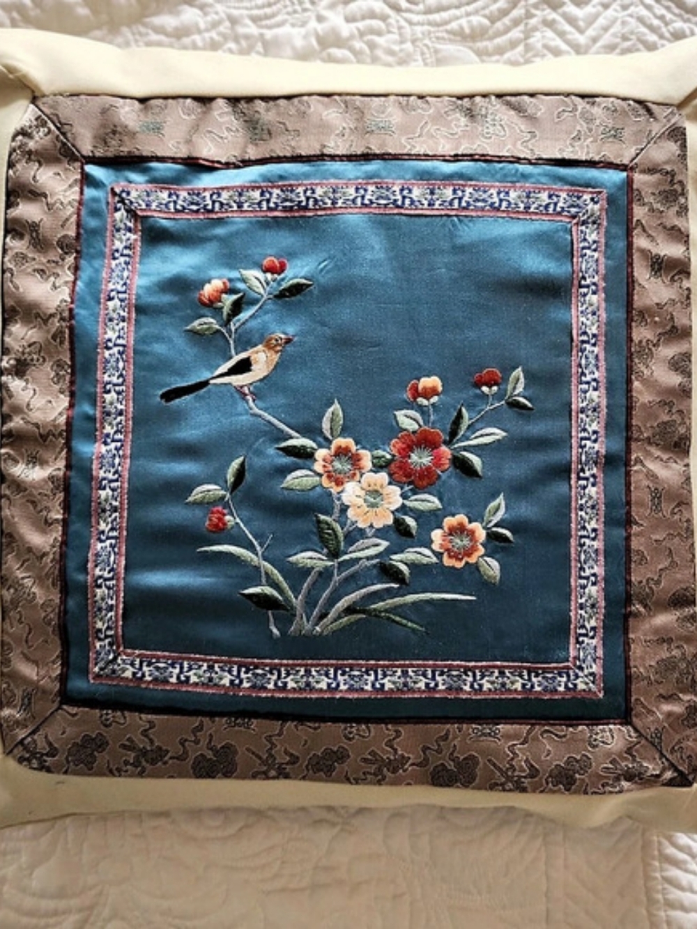 Vintage Chinese Silk Embroidered Bird and Floral Throw Pillow Square 15 x 15"